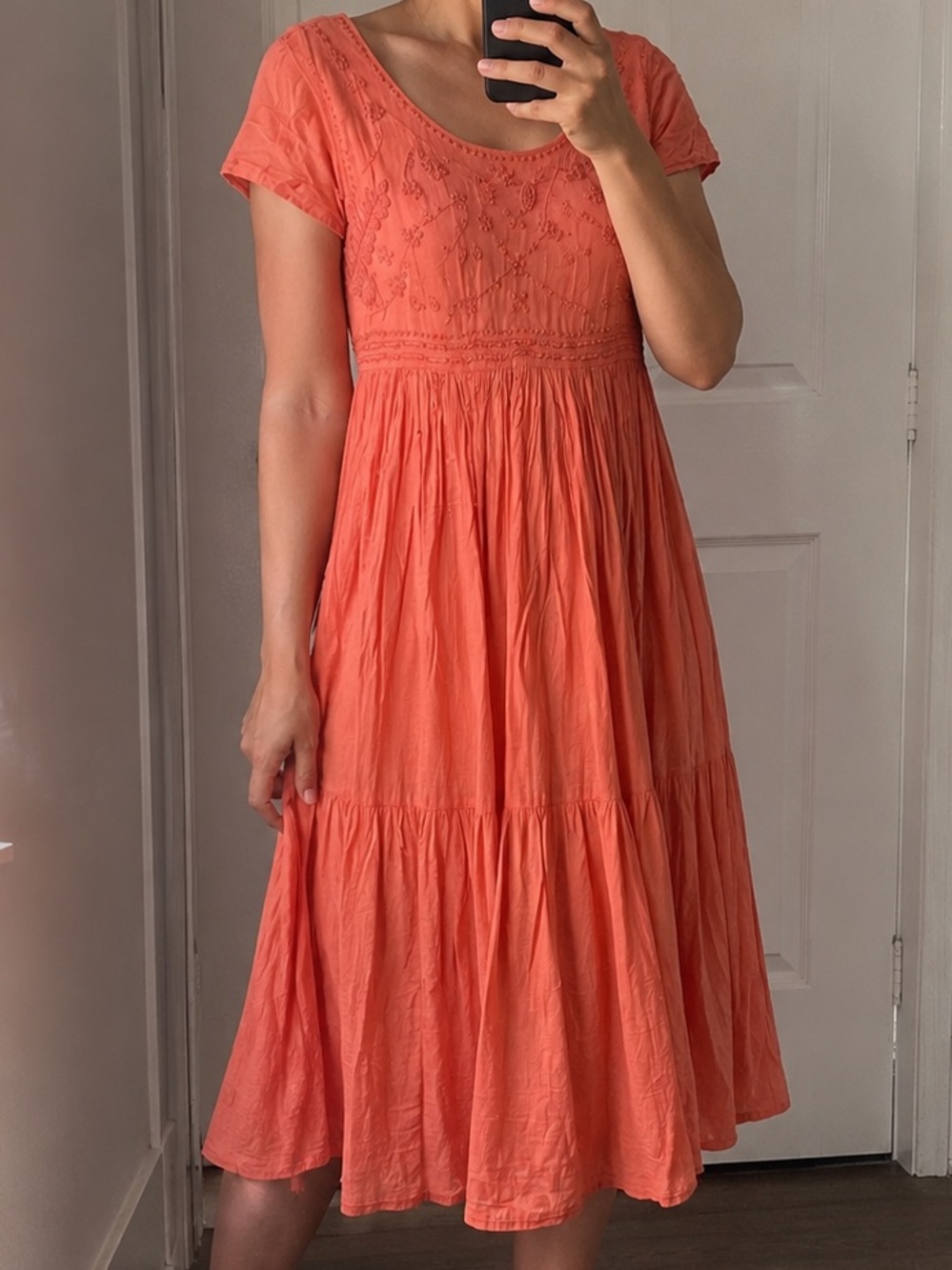 Fads Embroidered Boho Peasant Salmon/coral Midi Dress M Vintage 90s